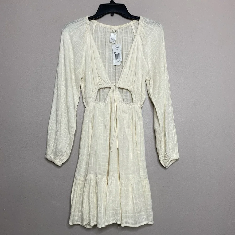 L*Space Feelin Fine ivory cut out mini dress Women Sz XS Long Sleeve Lightweight - Picture 3 of 16